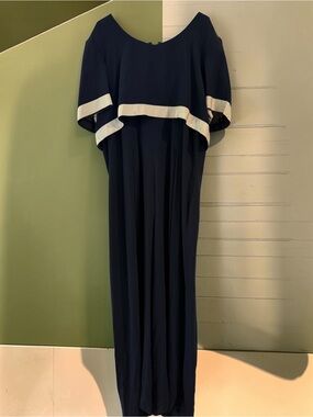 Vintage DW3 David Warren Navy Maxi Dress Ivory Trim Size 16 Back Zip SS